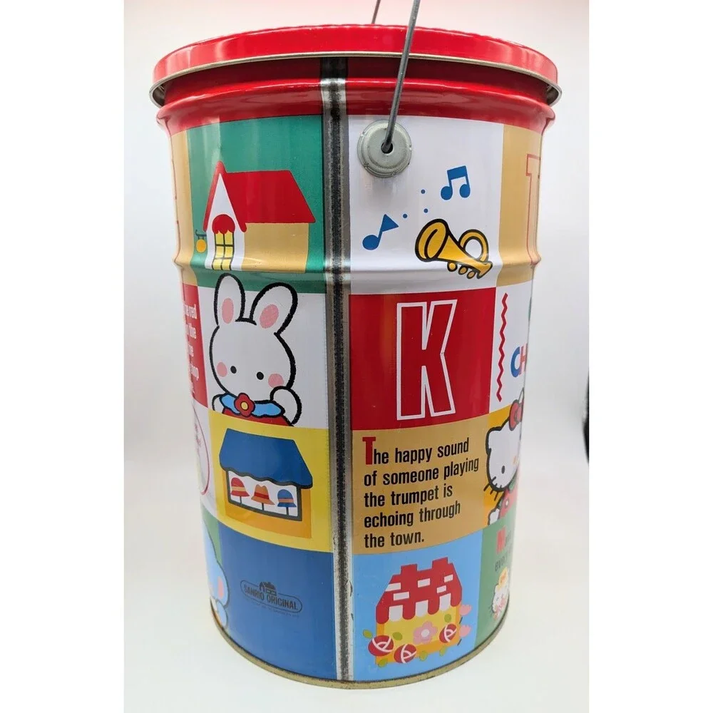 VTG Sanrio Hello Kitty Tin Bucket Pail Character Town With Handle And Lid 1990